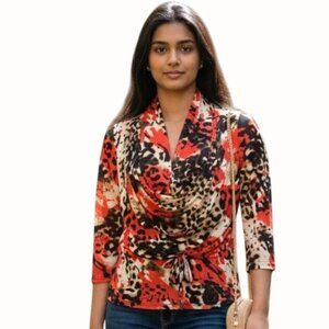 Juliette Red Leopard Print Long-Sleeve Cowl Neck Blouse Large Vivid Elegant Look